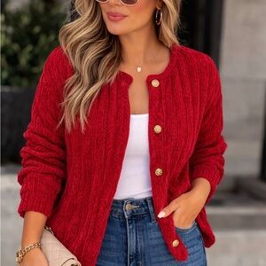Classic Elements Red Ribbed Cardigan with Gold Buttons